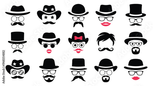 Collection of vintage gentleman face icons with hats mustache glasses and beard silhouettes set