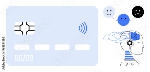Artificial intelligence, payment systems, cybersecurity, emotional analysis, technology integration, financial innovation. Diagram of a chip card and AI head with emotion icons. AI in payment systems