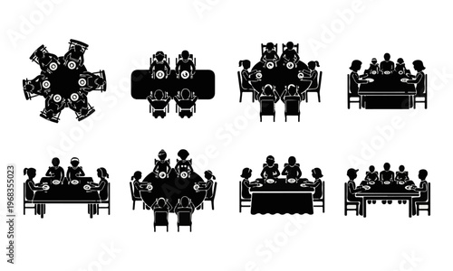 Set of black vector icons: people sitting at various tables for meetings, dining, or social gatherings.