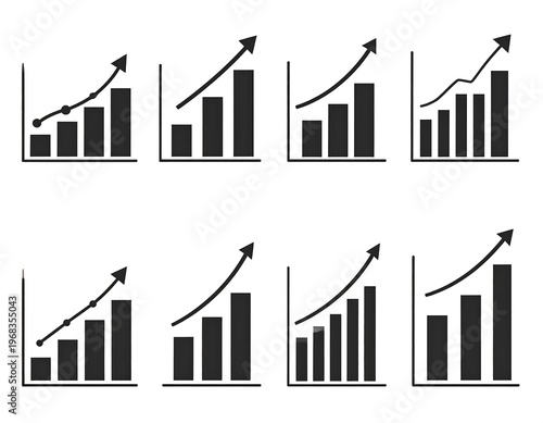 Collection of eight black and white upward trending bar graphs with curved or straight line graphs