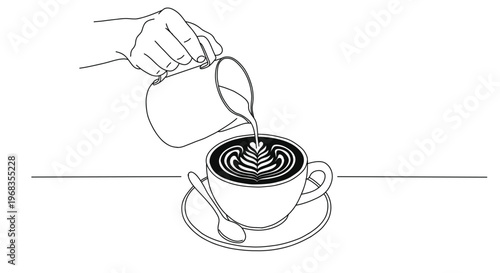 Minimal line art vector illustration of pouring milk into coffee creating latte art. Continuous one line drawing representing barista process, coffee preparation, cafe culture and hot drink