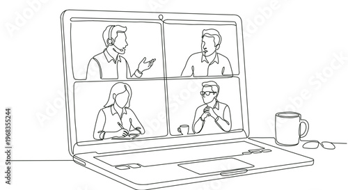 Minimal line art vector illustration of video conference call on laptop screen with multiple participants. Continuous one line drawing representing remote work, online meeting, teamwork, communicate