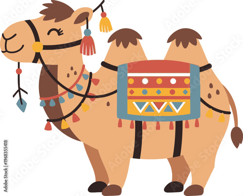 Colorful camel with decorative saddle.