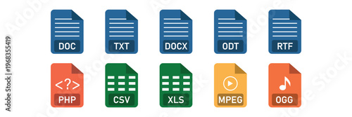 File extension icon set of document spreadsheet and multimedia formats including doc txt  vector illustration.