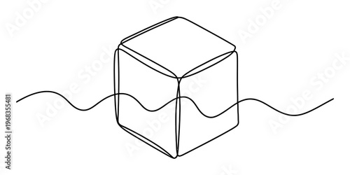 A single continuous line drawing of a geometric cube intersected by a smooth wavy horizontal line
