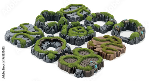 Fantasy game terrain map tiles, isometric stone and moss rock platforms, 10 modular environment vector elements for tabletop gaming and level design isolated PNG with Transparent Background