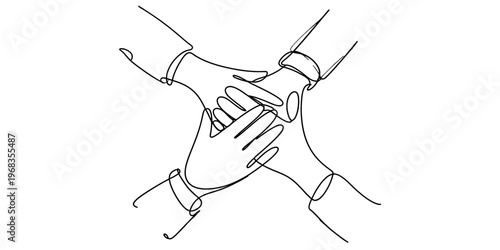 A minimalist black and white single line drawing showing a group of people stacking their hands. Vector, illustration