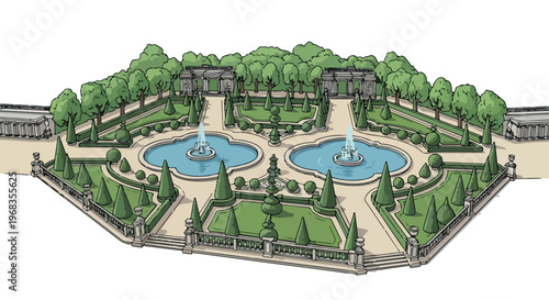 Classical French garden vector illustration, formal palace park with fountains and manicured hedges, elegant baroque landscape design isolated PNG with Transparent Background