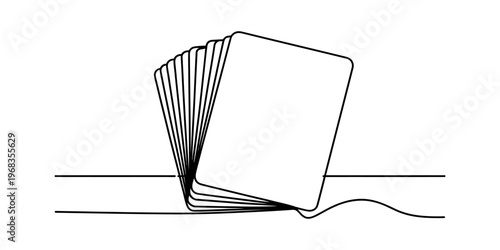 A single continuous line drawing of a stack of blank playing cards arranged in a fan formation Vector, illustration