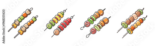 Several colorful shish kebab skewers with meat and vegetables, grilled food illustration