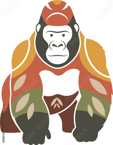 Colorful gorilla in warrior costume standing.