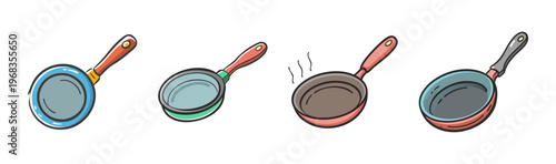 Collection of four cartoon frying pans with colorful handles and different cooking states