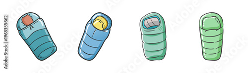 Four colorful cartoon sleeping bags for camping and outdoor adventures.