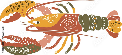 Colorful lobster with decorative patterns.