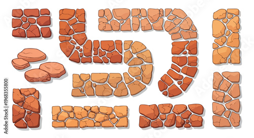 Cartoon stone path vector set, orange cobblestone walkway elements, medieval rock pavement tiles for game design and landscape illustration isolated PNG with Transparent Background