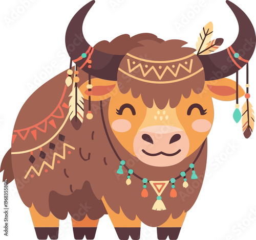 Colorful yak with decorative accessories smiling.