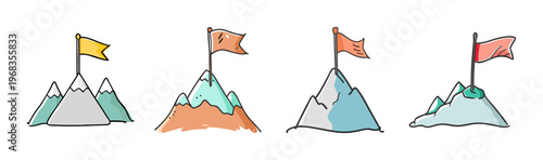 Mountain summit with flags, symbolizing achievement, success, and goals, adventure icons.