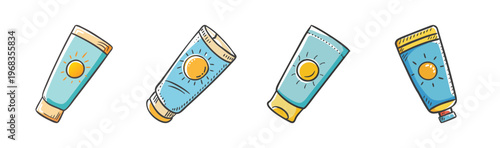 Collection of hand-drawn sunblock tubes in various styles for sun protection.