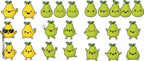 Cute pear cartoon characters set with funny expressions and poses kawaii fruit collection vector illustration for stickers kids design and emojis