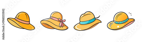 Collection of four yellow hand-drawn sun hats with ribbons and embellishments.