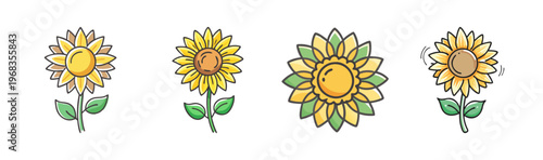 Collection of four cheerful cartoon sunflowers with yellow petals and green leaves