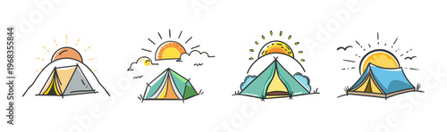 Four cartoon tents with sunrise for camping adventures and outdoor living