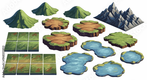 Isometric game map tiles, 14 landscape environment elements, stylized 2D vector terrain assets for world building and level design isolated PNG with Transparent Background