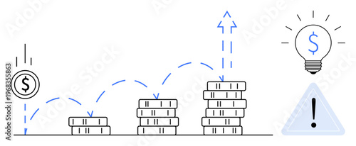 Financial planning, investment strategies, profit growth, economic progress, business innovation, risk management. Stacked coins, light bulb dollar sign and alert symbol. Financial planning