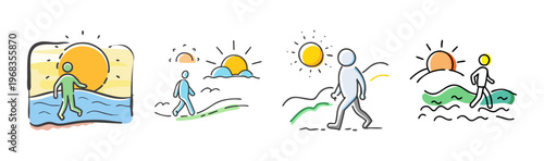 Stylized person walking towards a bright sunrise over water and rolling hills.