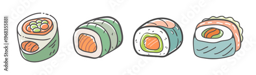 Assortment of four delicious cartoon sushi rolls with salmon and avocado fillings.