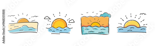 Stylized cartoon sunset over the ocean with waves and clouds.