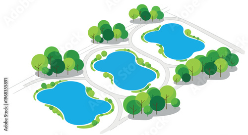 Isometric city park map with blue ponds and green trees, urban landscape design vector, public garden recreation area with walking paths isolated PNG with Transparent Background