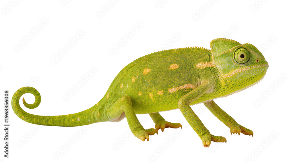Fototapeta premium Vibrant green chameleon with yellow spots and a curled tail, gracefully posed isolated on transparent background for nature designs and wildlife themes