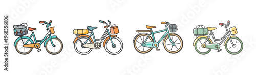 Four retro touring bicycles equipped with luggage racks and baskets for travel.