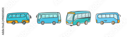 Various blue and green tour buses for group transportation and travel, vector art