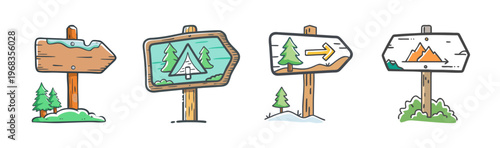 Set of four hand-drawn wooden trail signs with directional arrows and nature icons