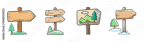 Wooden trailhead signs pointing in different directions with trees and snow.