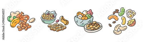 Assortment of healthy trail mix and snack ingredients in bowls and piles.