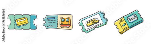 Collection of stylized train tickets for railway travel and transportation.