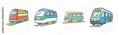 Collection of cute cartoon trains on tracks, representing modern public transportation.