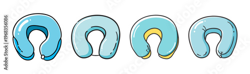 Four different styles of blue travel neck pillows, cartoon illustration.
