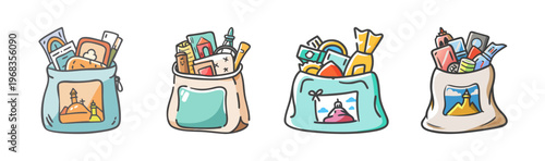 Four travel souvenir bags filled with various items and trinkets, vector illustration.