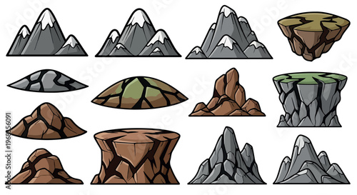 Cartoon mountain and rock game assets, 12 vector landscape elements for mobile gaming, snowy peaks and floating islands for level design isolated PNG with Transparent Background