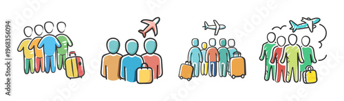 Diverse group of people with luggage and airplanes, symbolizing travel and journeys