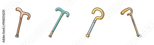 Collection of four diverse walking canes, including wooden and modern designs.
