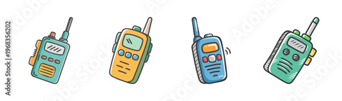 Collection of four colorful cartoon walkie-talkies for communication and outdoor activities
