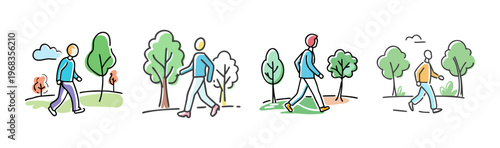 Diverse people walking in a park with trees and grassy areas, sketched style.