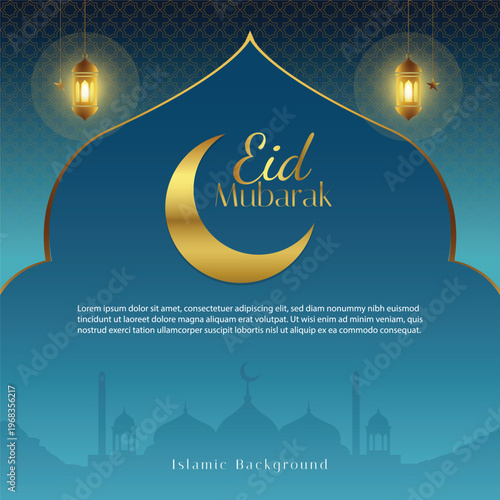 Eid Mubarak Greeting Background with Golden Crescent and Mosque Silhouette