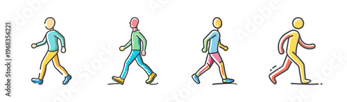 Set of four abstract figures walking, representing fitness and movement.