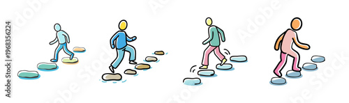 Stick figures carefully stepping on stones across water, illustrating a path and careful movement.